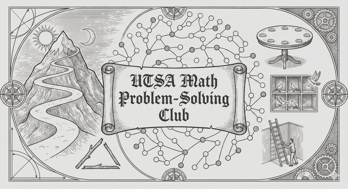 Engraved illustration: a winding mountain path, a round table of coins, pigeons in pigeonholes, a ladder against a wall, and a broken stick — each a problem the club has worked on.